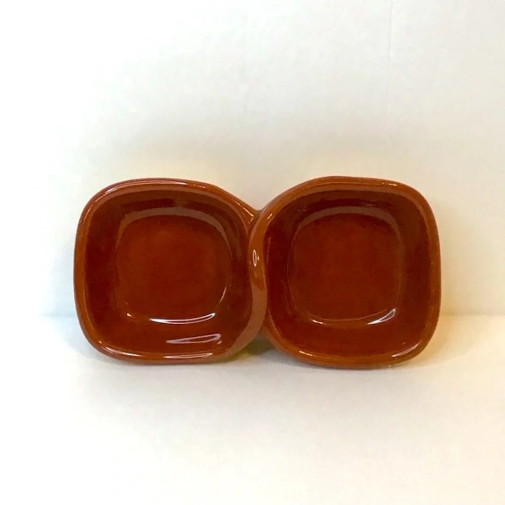 PIER 1 Salt & Pepper Sauce Double Sided Mustard Brown Glaze Pottery Dish